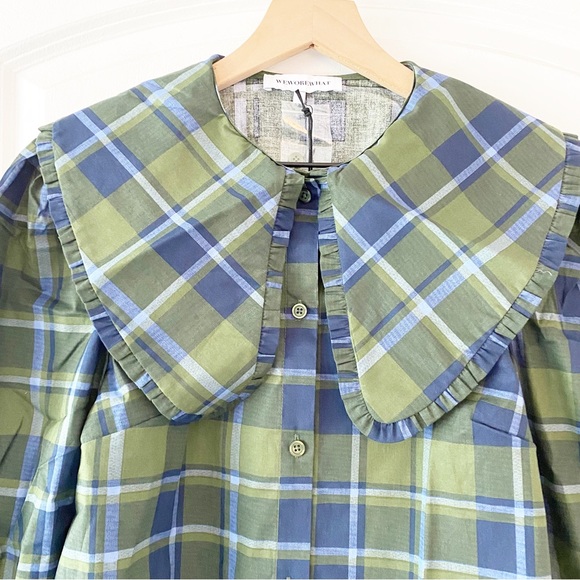 WeWoreWhat Puff Sleeve Plaid Oversized Collared Blouse NWT Academia - Picture 5 of 12